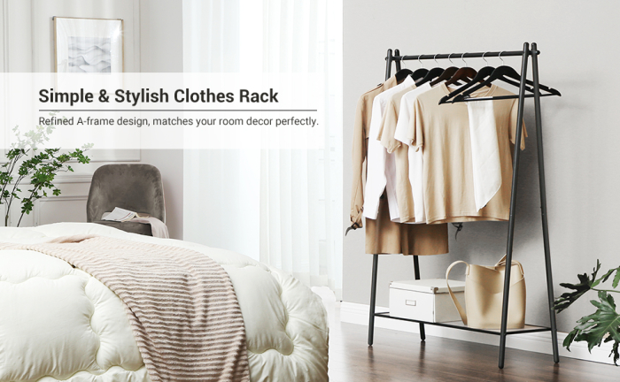 SONGMICS Suport pentru haine cu cadru din otel, cu sina de agatat si raft, 34x93x153cm, negru mat [2]