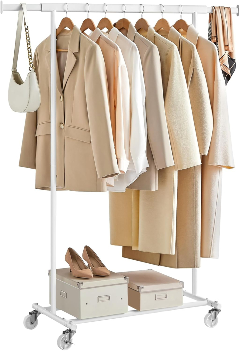 SONGMICS Suport pentru haine cu sina superioara extensibila, pe roti, reglabil pe latime, 45x(92-132)x160cm, alb [4]