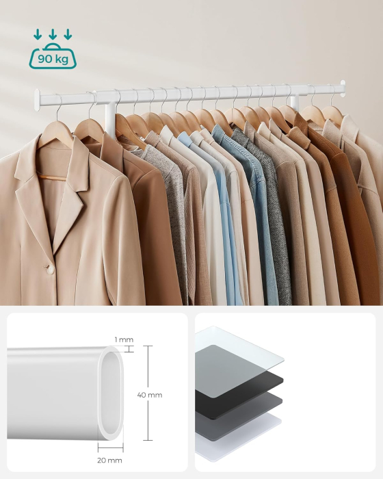 SONGMICS Suport pentru haine cu sina superioara extensibila, pe roti, reglabil pe latime, 45x(92-132)x160cm, alb [5]