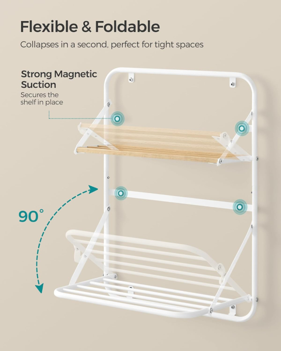 SONGMICS Suport prosoape pliabil de perete, cu 5 bare, polita de depozitare, otel, 26x38x56 cm, alb [3]