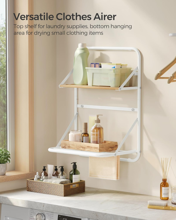 SONGMICS Suport prosoape pliabil de perete, cu 5 bare, polita de depozitare, otel, 26x38x56 cm, alb [5]