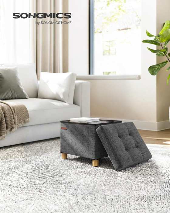 SONGMICS Taburet depozitare pliabil cu picioare din lemn, capitonat cu tesatura tip in, 40x32x34 cm, gri inchis [2]