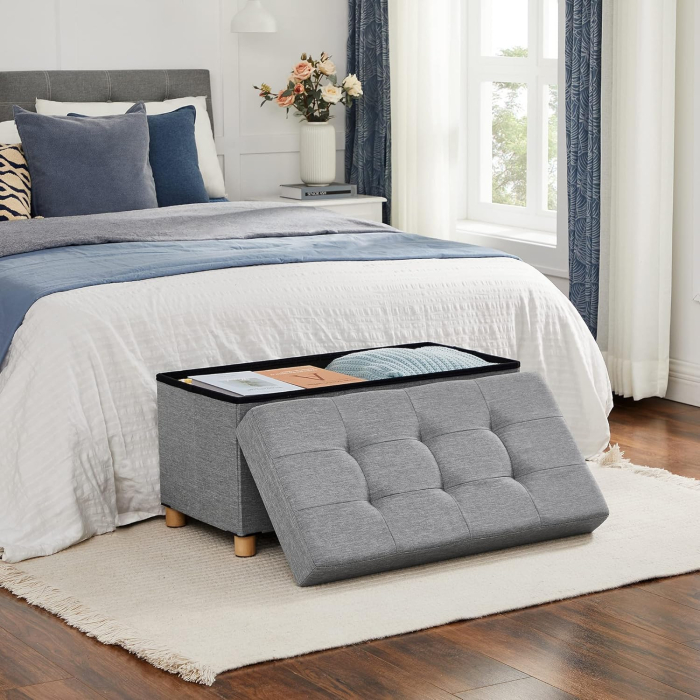 SONGMICS Taburet pliabil cu sezut moale, spatiu de depozitare, maxim 300 kg, 76x38x40 cm, gri deschis [3]