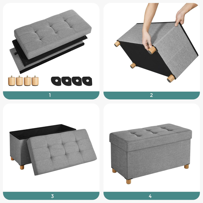 SONGMICS Taburet pliabil cu sezut moale, spatiu de depozitare, maxim 300 kg, 76x38x40 cm, gri deschis [6]
