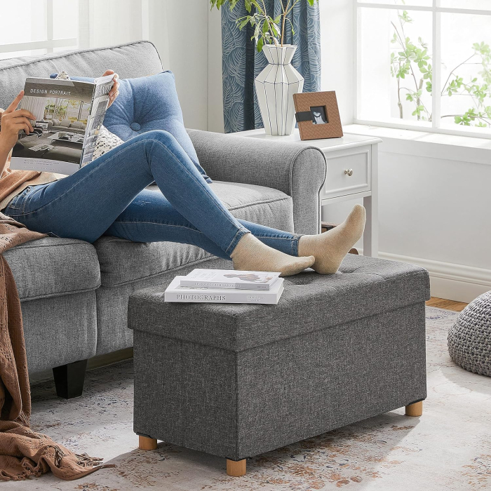 SONGMICS Taburet pliabil cu sezut moale, spatiu de depozitare, maxim 300kg, 76x38x40cm, gri inchis [9]