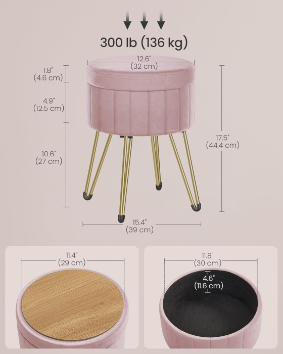SONGMICS Taburet rotund cu spatiu de depozitare, tapitat catifea, 32x39x44 cm, roz [2]
