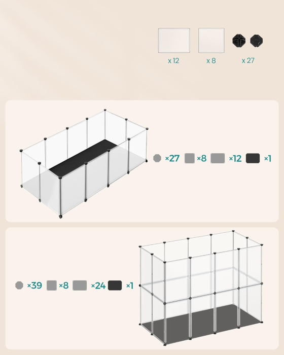 SONGMICS Tarc animale mici modular cu placi de baza si covoras impermeabil, 143x73x46 cm, transparent [5]