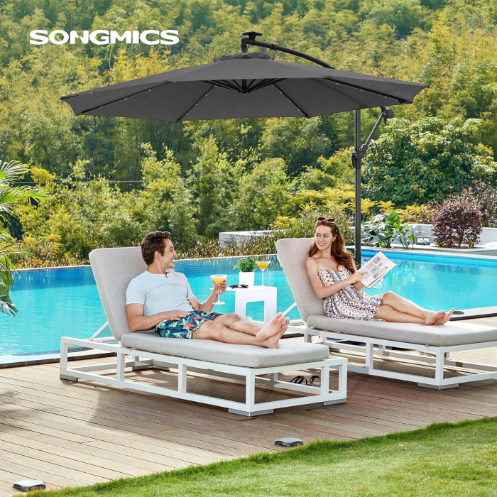 SONGMICS Umbrela de gradina cu brat lateral banana, 300cm, cu iluminare LED solara, gri [3]