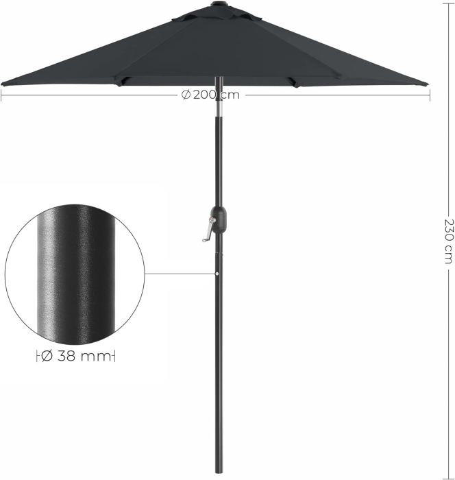 SONGMICS Umbrela de gradina, cu manivela pentru deschidere, sistem inclinare, 200cm, gri [4]
