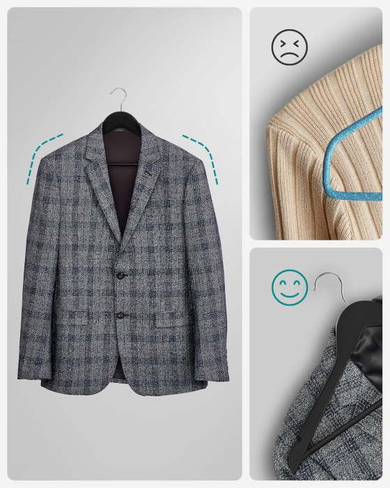 SONGMICS Umerase haine 45x23 cm, set 20 buc, lemn masiv cu bara pentru pantaloni si carlig rotativ, negru [5]