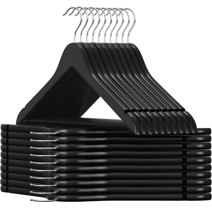 SONGMICS Umerase haine 45x23 cm, set 20 buc, lemn masiv cu bara pentru pantaloni si carlig rotativ, negru [1]