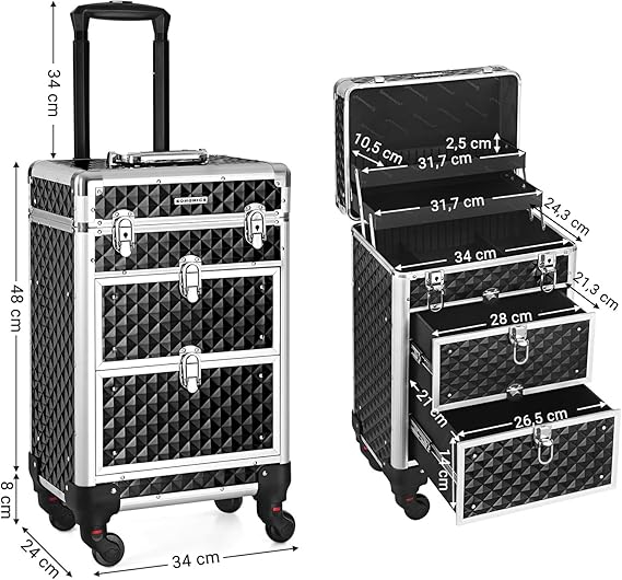 SONGMICS Valiza pentru cosmetice cu roti, profesionala, inchidere cu cheie, 24x34x56cm, negru [10]