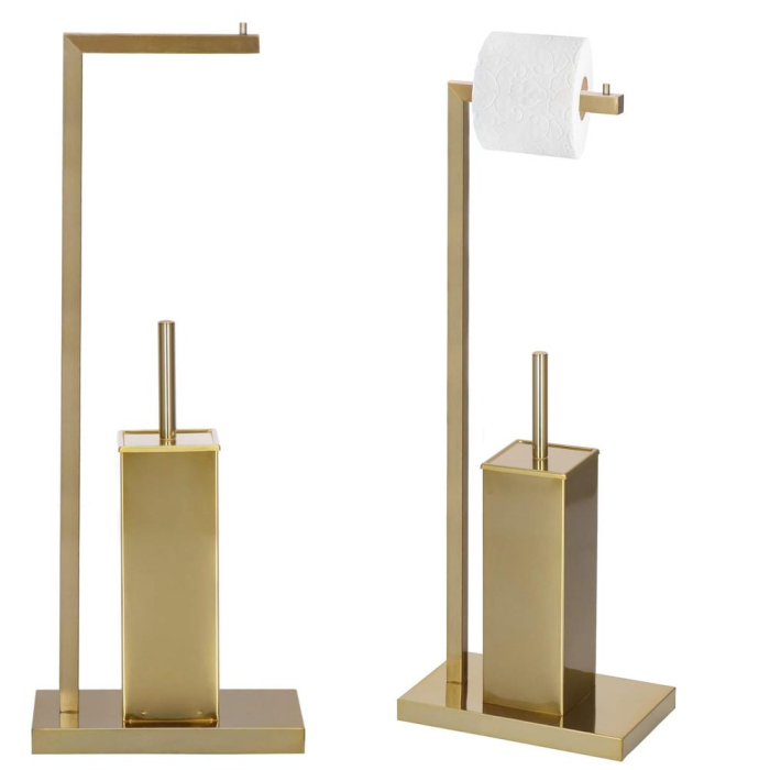 Stand cu perie WC si suport hartie igienica, metal si bambus, 67cm, auriu [2]