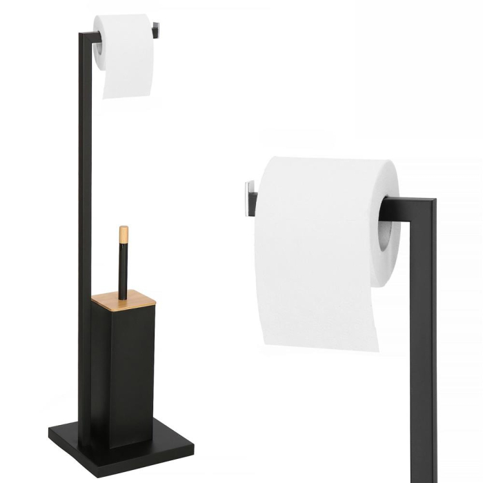Stand cu perie WC si suport hartie igienica, metal si bambus, 79cm, negru [9]