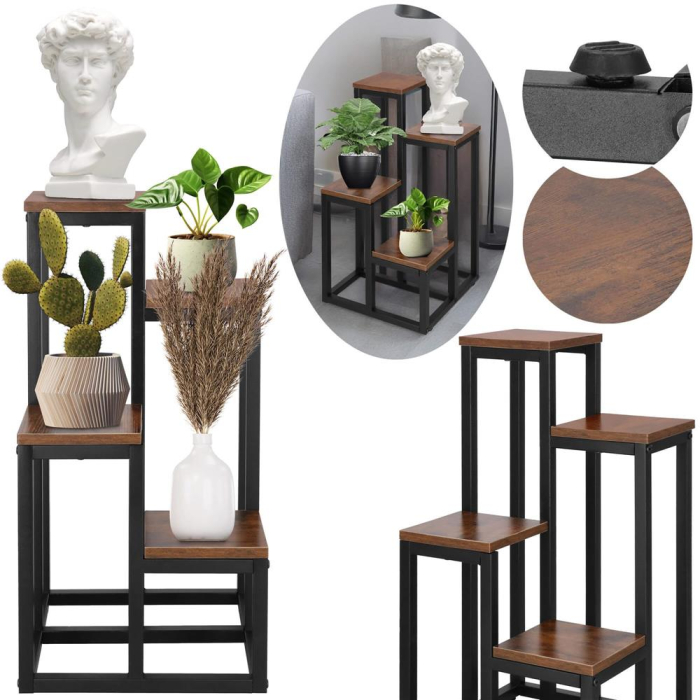 Stand pentru flori, cadru metalic, 4 etajere, 34x34x68 cm, maro inchis [5]