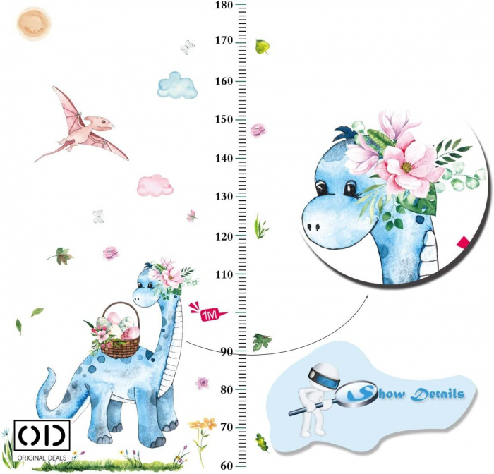 Sticker Decorativ Autoadeziv Metru pentru Masurare Inaltime Copii, pentru Camera Copilului, Scoala, Gradinita, Cabinet Medical, Model Dinozaur [6]