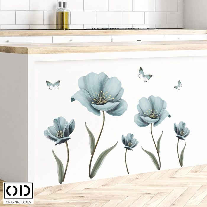 Sticker Decorativ pentru Perete, Mobila, sau Geam, Model Flori de Maci si Fluturi, Autocolant din Vinil PVC [6]