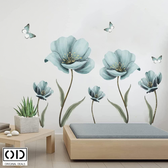 Sticker Decorativ pentru Perete, Mobila, sau Geam, Model Flori de Maci si Fluturi, Autocolant din Vinil PVC [2]