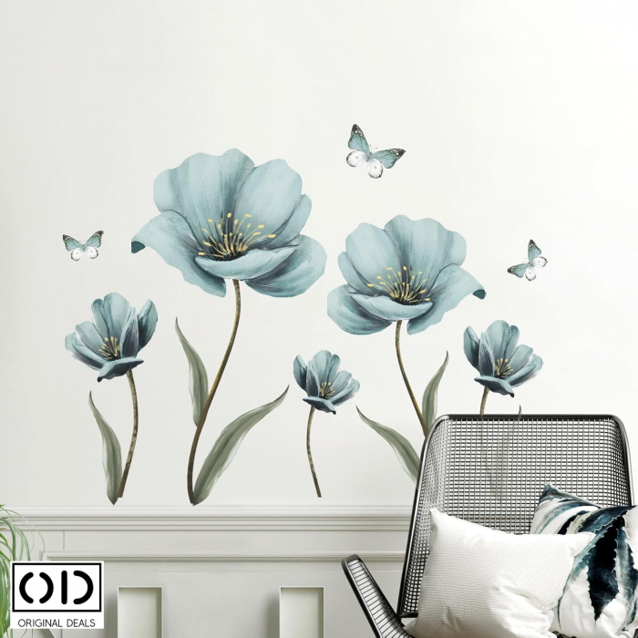 Sticker Decorativ pentru Perete, Mobila, sau Geam, Model Flori de Maci si Fluturi, Autocolant din Vinil PVC [7]