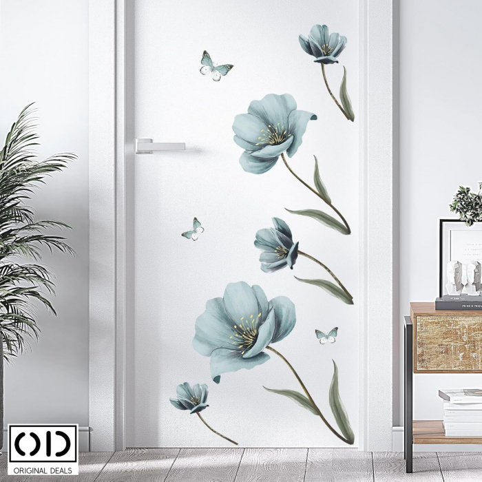 Sticker Decorativ pentru Perete, Mobila, sau Geam, Model Flori de Maci si Fluturi, Autocolant din Vinil PVC [9]
