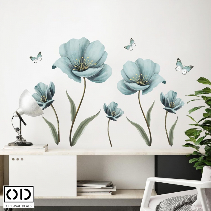 Sticker Decorativ pentru Perete, Mobila, sau Geam, Model Flori de Maci si Fluturi, Autocolant din Vinil PVC [8]