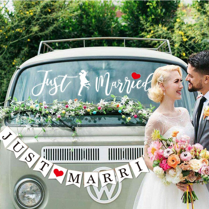 Sticker Autocolant, , Tematica Nunta, Model Indragostiti, cu Scris Just Married, 50x11.5 cm, Alb [5]