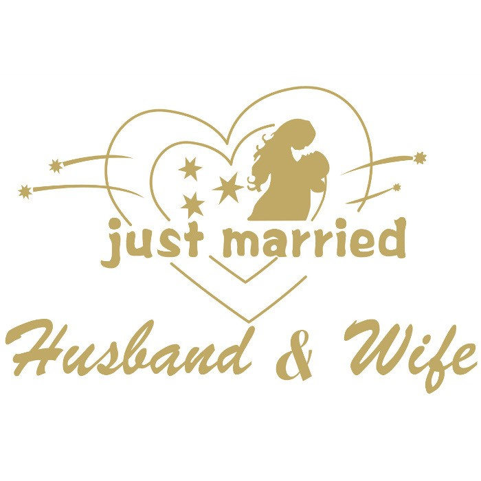 Sticker Autocolant, , Tematica Nunta, Model Indragostiti, cu Scris Just Married Husband&Wife, 21x29 cm, Auriu [3]