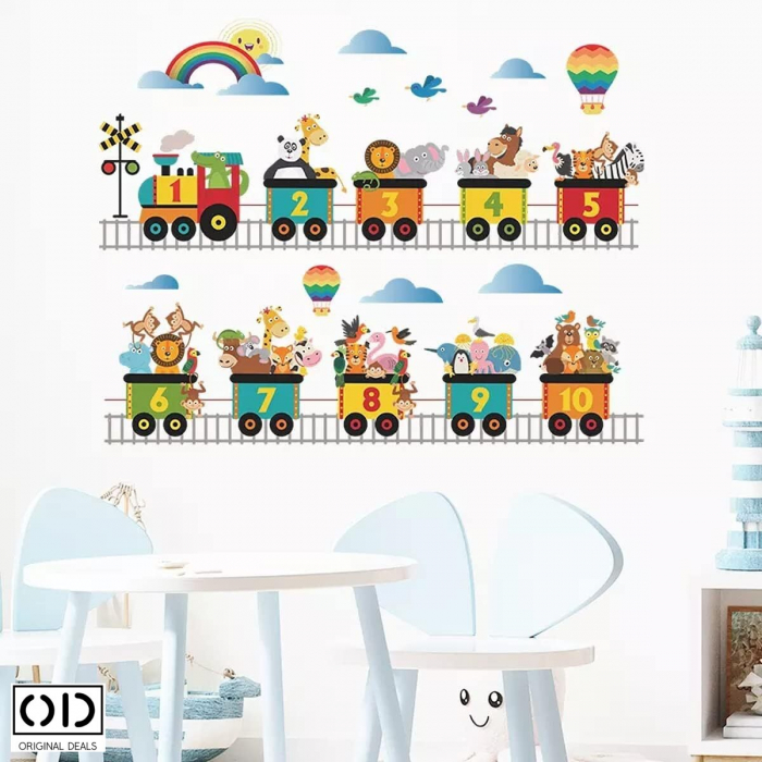 Sticker Educativ pentru Camera Copilului, Autoadeziv, Se lipeste pe Perete, Mobila sau Sticla, Model Trenulet Thomas cu Cifre 1 - 10 [2]
