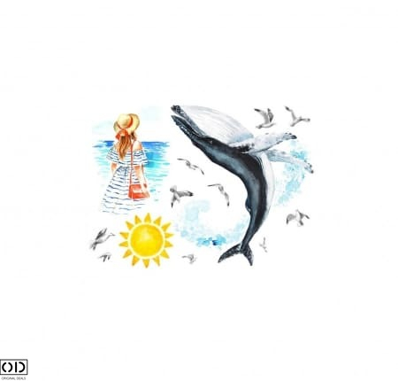 Sticker Decorativ Autocolant pentru Perete, Doamna si Balena Albastra, 70 x 50 cm [3]