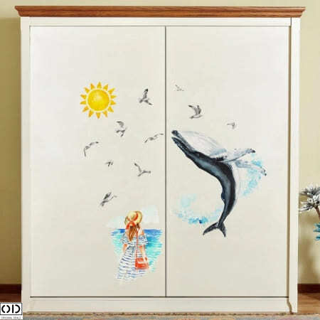 Sticker Decorativ Autocolant pentru Perete, Doamna si Balena Albastra, 70 x 50 cm [5]