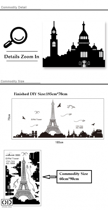 Sticker Decorativ Autocolant, Turnul Eiffel Paris, Negru [6]