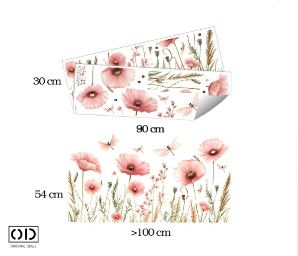 Sticker Decorativ pentru Perete, Mobila, sau Fereastra, Model Flori de Maci Roz cu Libelule, Autocolant din Vinil PVC Autoadeziv [4]