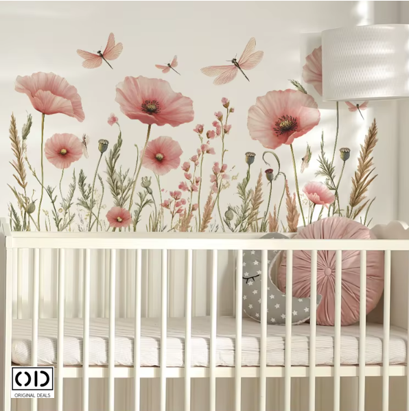 Sticker Decorativ pentru Perete, Mobila, sau Fereastra, Model Flori de Maci Roz cu Libelule, Autocolant din Vinil PVC Autoadeziv [8]