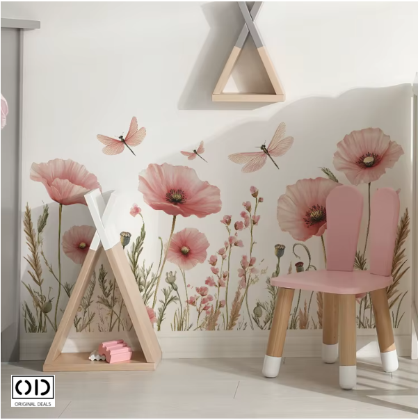 Sticker Decorativ pentru Perete, Mobila, sau Fereastra, Model Flori de Maci Roz cu Libelule, Autocolant din Vinil PVC Autoadeziv [1]