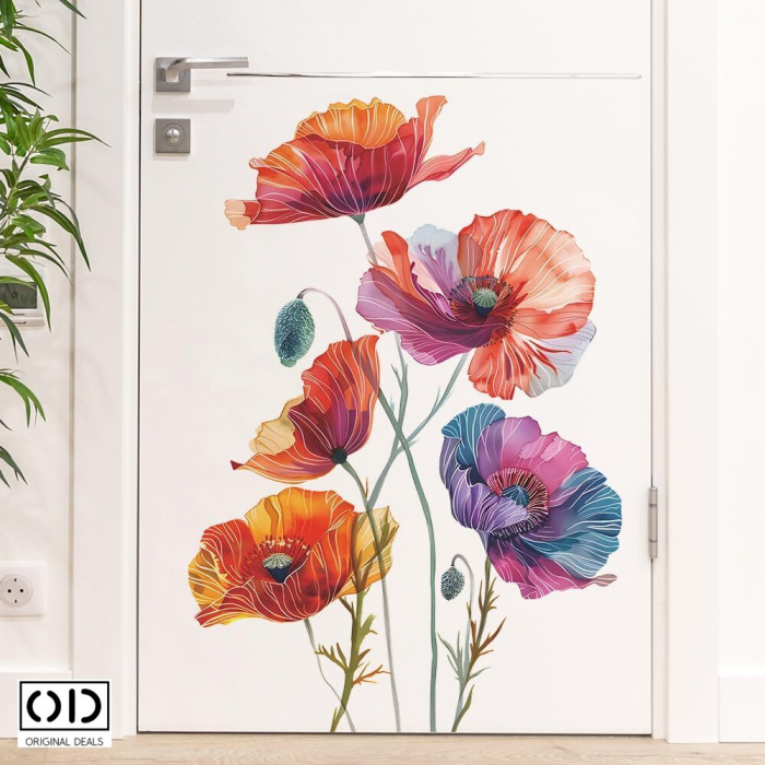 Sticker Decorativ pentru Perete, Mobila, sau Fereastra, Model Flori de Maci Colorati, Autocolant din Vinil PVC Autoadeziv [5]