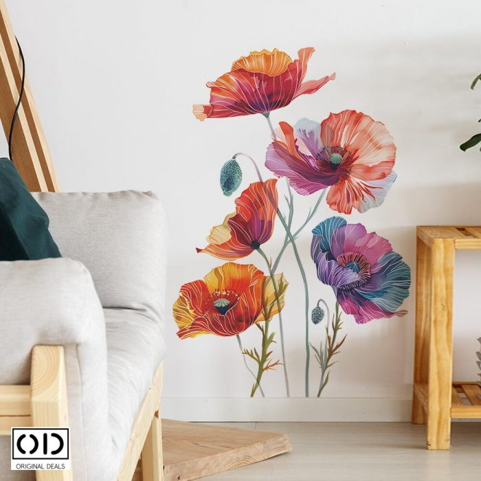 Sticker Decorativ pentru Perete, Mobila, sau Fereastra, Model Flori de Maci Colorati, Autocolant din Vinil PVC Autoadeziv [3]