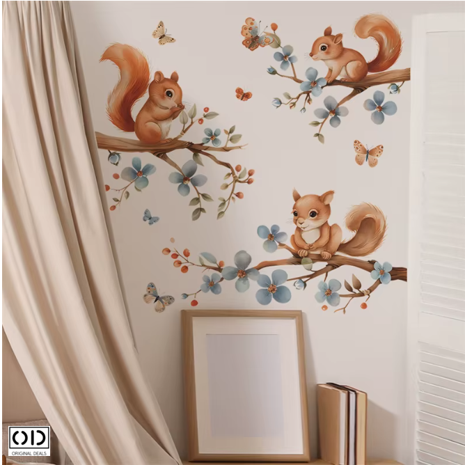 Sticker Decorativ pentru Perete sau Mobila, din PVC Autoadeziv, Model cu Veverite in Copac [7]