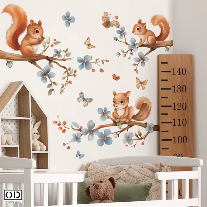 Sticker Decorativ pentru Perete sau Mobila, din PVC Autoadeziv, Model cu Veverite in Copac [5]