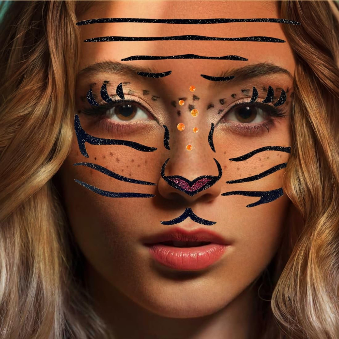 Sticker Temporar pentru Fata, , pentru Machiaj, Face Art, Halloween, Teatru, Model Tigru, Maro [3]