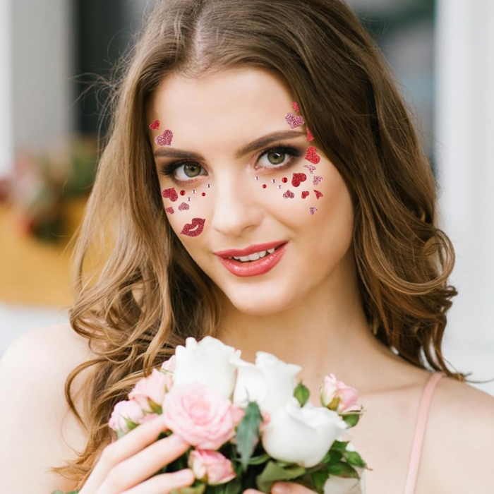 Sticker Temporar pentru Fata, , pentru Machiaj, Face Art, Halloween, Teatru, Tema Ziua Indragostitilor, Model cu Inimioare, Multicolor [2]