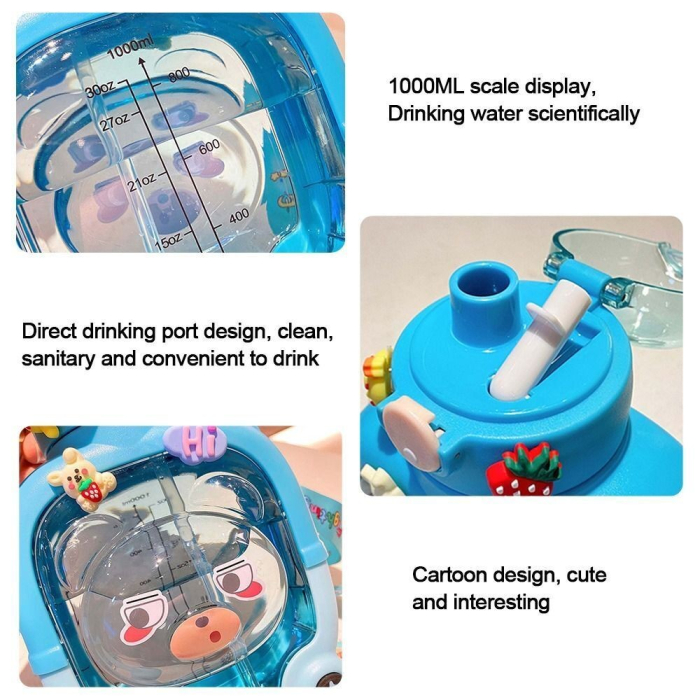 Sticla cu pai pentru copii, , model ursulet, gradata, stickere aplicate, curea reglabila, din plastic rezistent la cadere, 1l, Albastru, 20 x 13 cm [5]