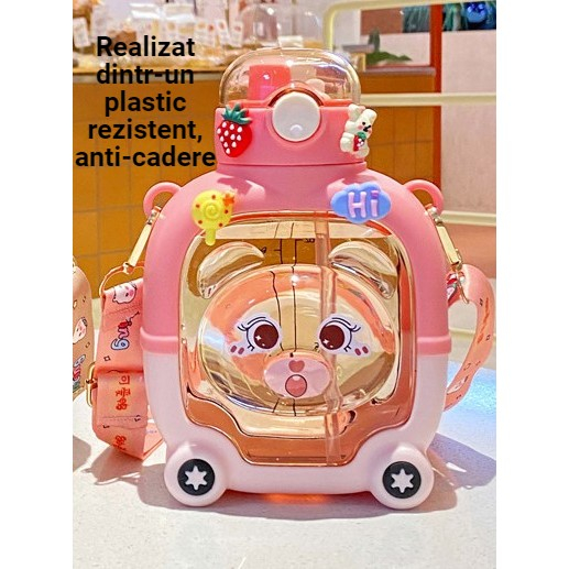 Sticla cu pai pentru copii, , model ursulet, gradata, stickere aplicate, curea reglabila, din plastic rezistent la cadere, 1l, Roz, 20 x 13 cm [6]