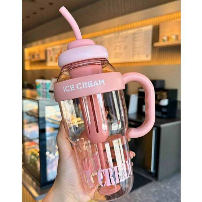 Sticla de Apa, , Termica, Mentinere 6 Ore, 1400 mL, cu Pai si Capac, PP si Silicon, cu Maner Alb, 25.5x7.5 cm, Roz Deschis [5]