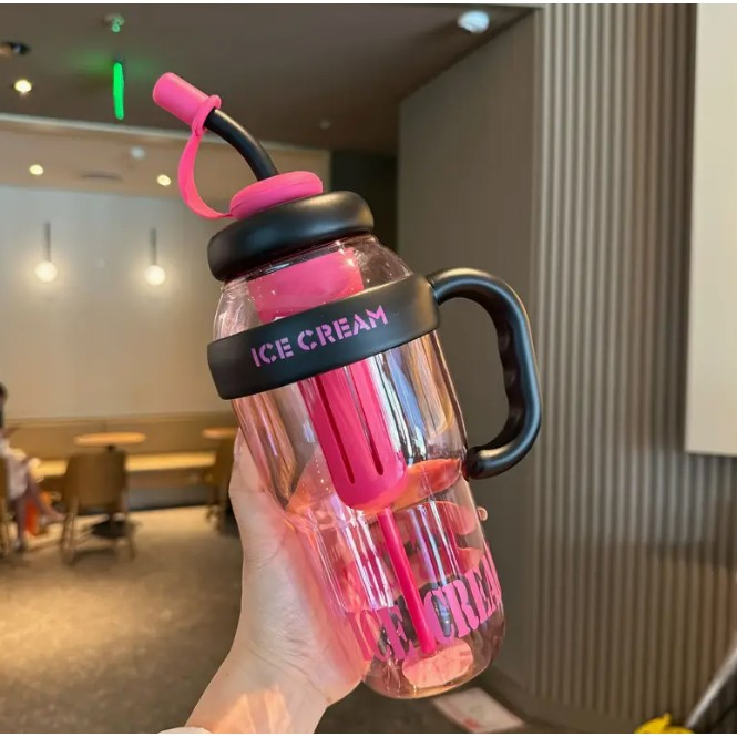 Sticla de Apa, , Termica, Mentinere 6 Ore, 1400 mL, cu Pai si Capac, PP si Silicon, cu Maner Negru, 25.5x7.5 cm, Roz [5]