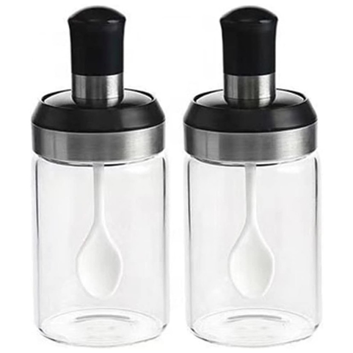 Sticle si Borcane de Ulei de Masline, , Dozator Set 4 Bucati, 2 Sticle cu Dispenser 500 ml/buc, 2 Borcane pentru Condimente cu Capac si Lingura 120ml/buc, Transparent [4]
