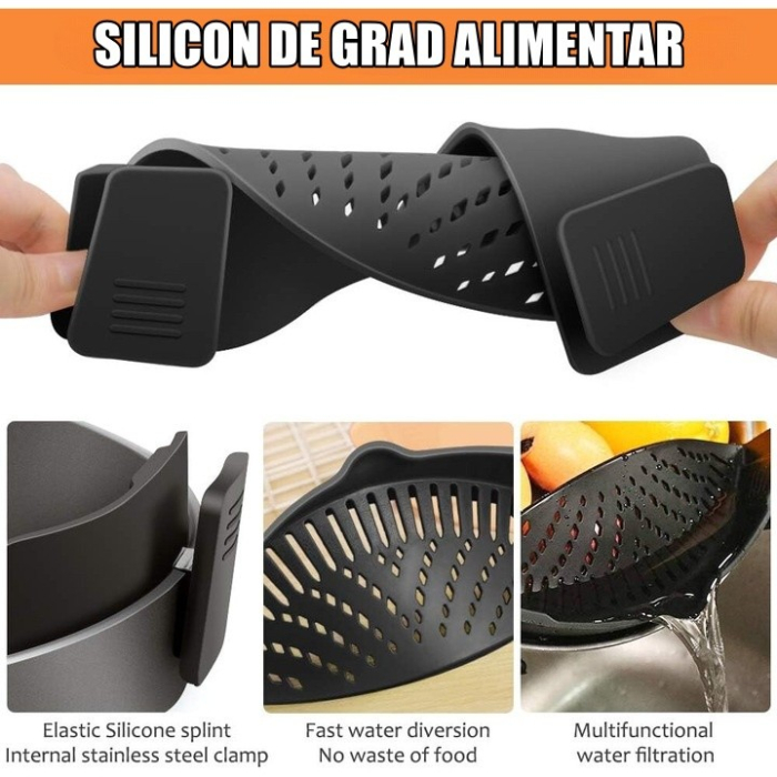 Strecurator Filtru pentru Vase, , din Silicon Rezistent la Temperaturi Inalte, Universal, Paste, Legume, Fructe, 23x12.5x6.7 cm Negru [6]