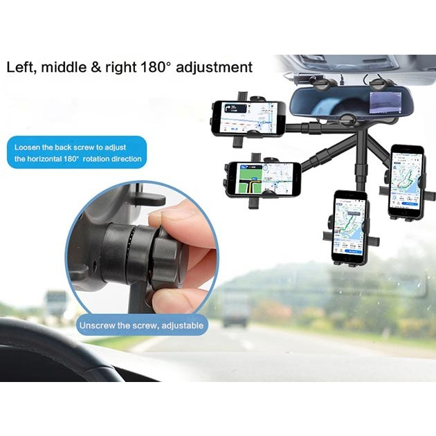 Suport auto cu atasare la oglinda retrovizoare, rotativ 360 de grade și retractabil, multifuncțional, compatibil cu toate telefoanele mobile, Finisaj Carbon, Negru [4]