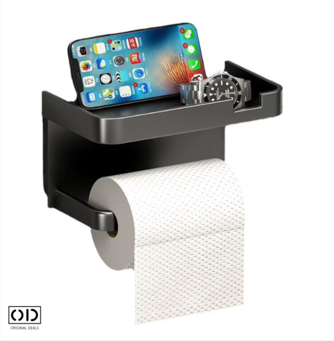 Suport autoadeziv pentru hartie igienica cu raft pentru depozitare servetele sau accesorii, montaj fara gaurire, culoare gri inchis – solutie practica si moderna pentru baie. ORIGINAL DEALS. [9]