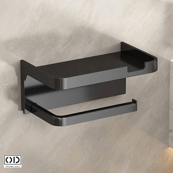 Suport autoadeziv pentru hartie igienica cu raft pentru depozitare servetele sau accesorii, montaj fara gaurire, culoare gri inchis – solutie practica si moderna pentru baie. ORIGINAL DEALS. [3]