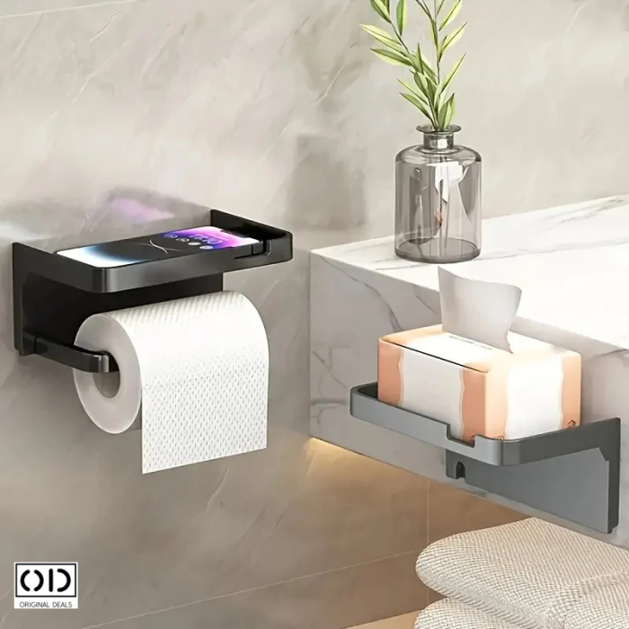 Suport autoadeziv pentru hartie igienica cu raft pentru depozitare servetele sau accesorii, montaj fara gaurire, culoare gri inchis – solutie practica si moderna pentru baie. ORIGINAL DEALS. [6]